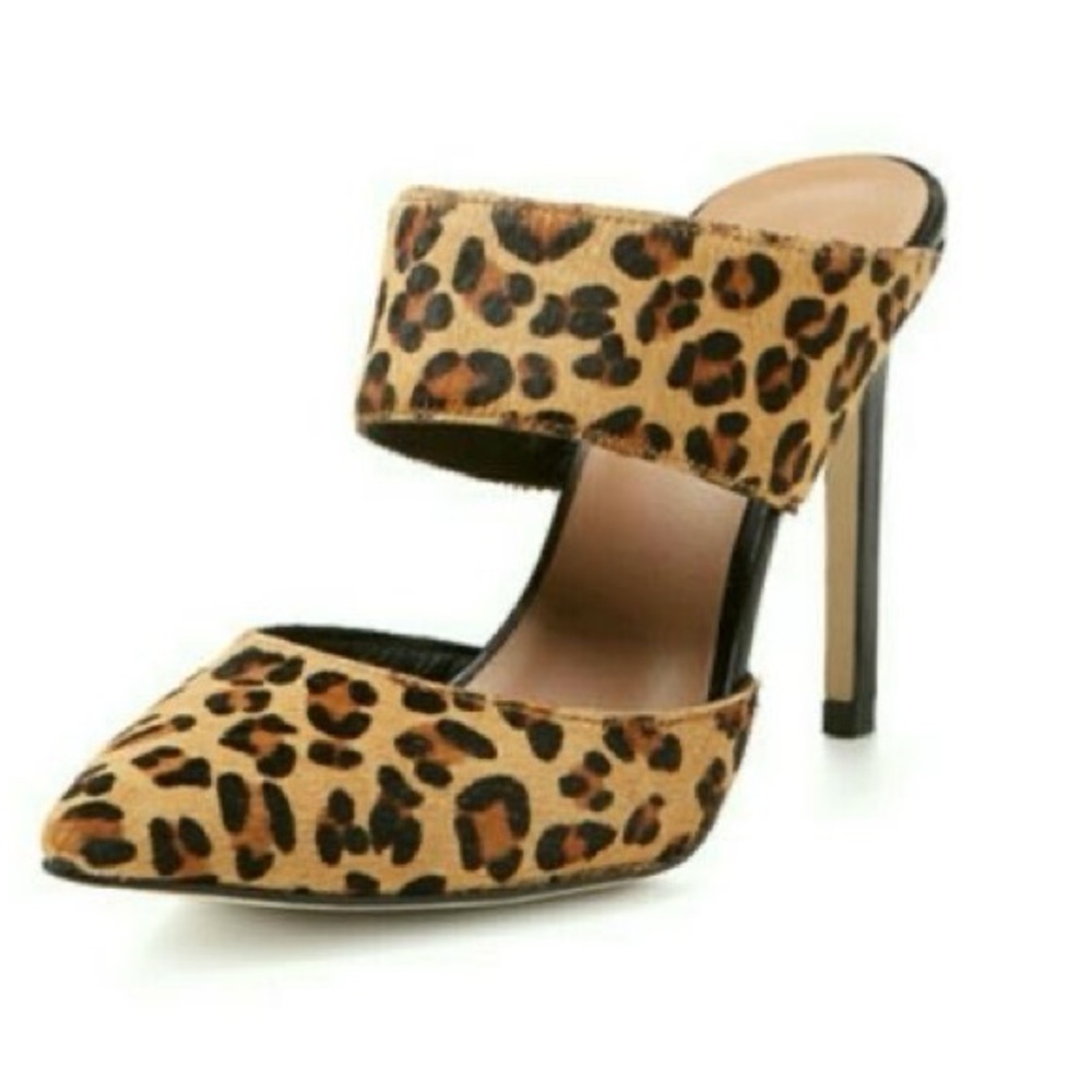 NWOB RENVY Leopard Print Calf Hair Pointed Toe Mules - Size 8M